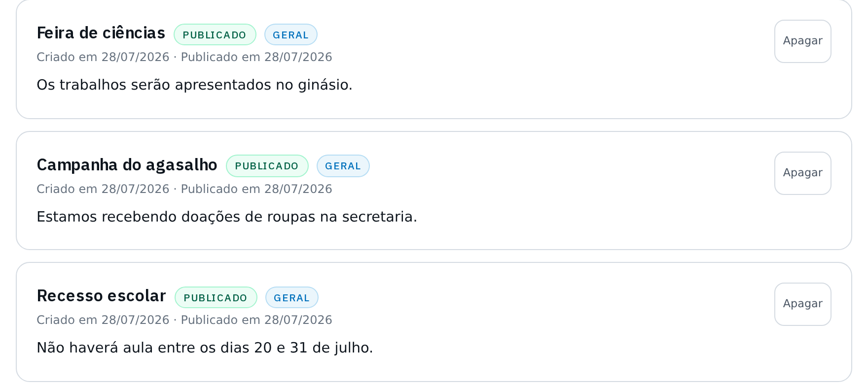 Recorte da tela de comunicados: avisos publicados para toda a escola com selos de status e data de publicação