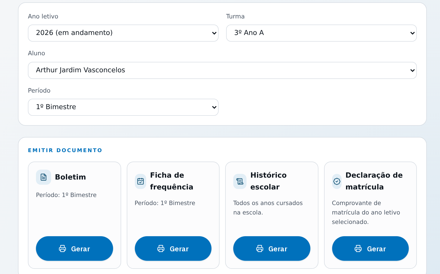 Recorte da tela de documentos: ano letivo, turma e aluno selecionados, com cartões para gerar boletim, ficha de frequência, histórico escolar e declaração de matrícula